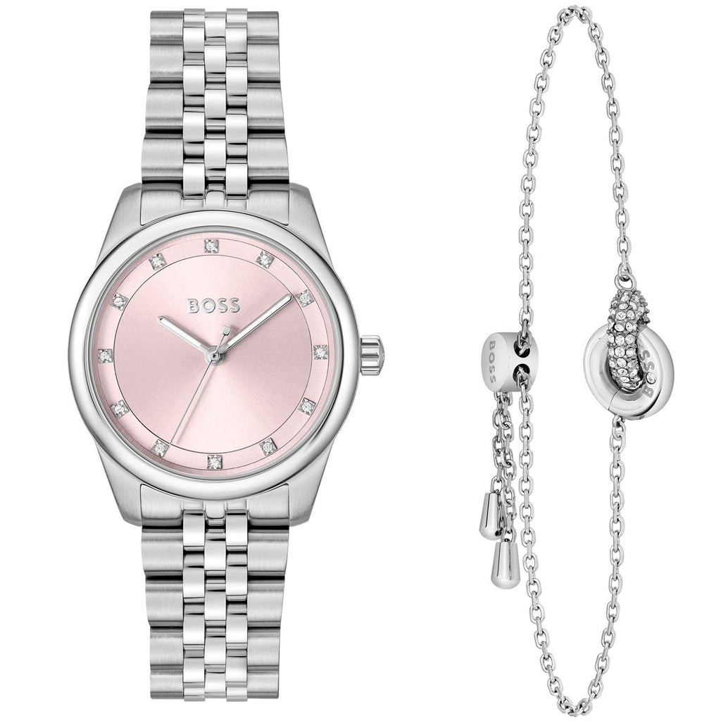 BOSS Graceful Ladies Pink Dial Watch & Bracelet Gift Set 1570189