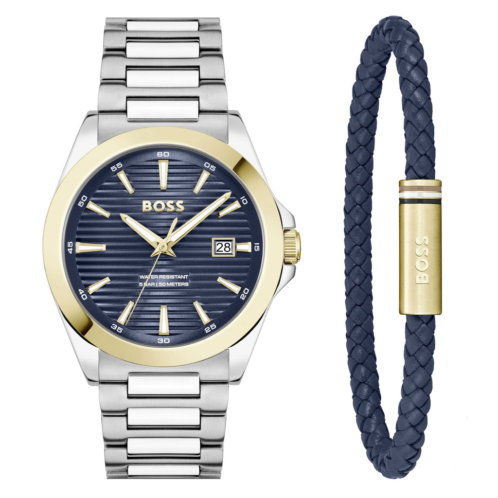 BOSS Strike Men's Watch & Bracelet Gift Set Two-Tone Blue 1570191