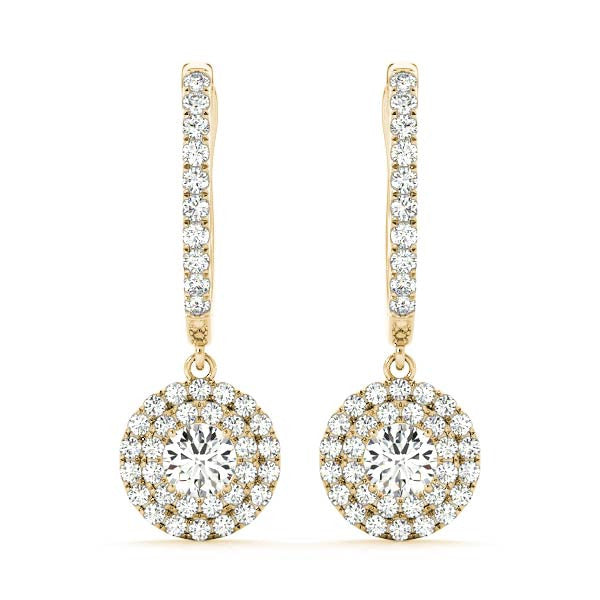 Round Double Halo Diamond Drop Earrings