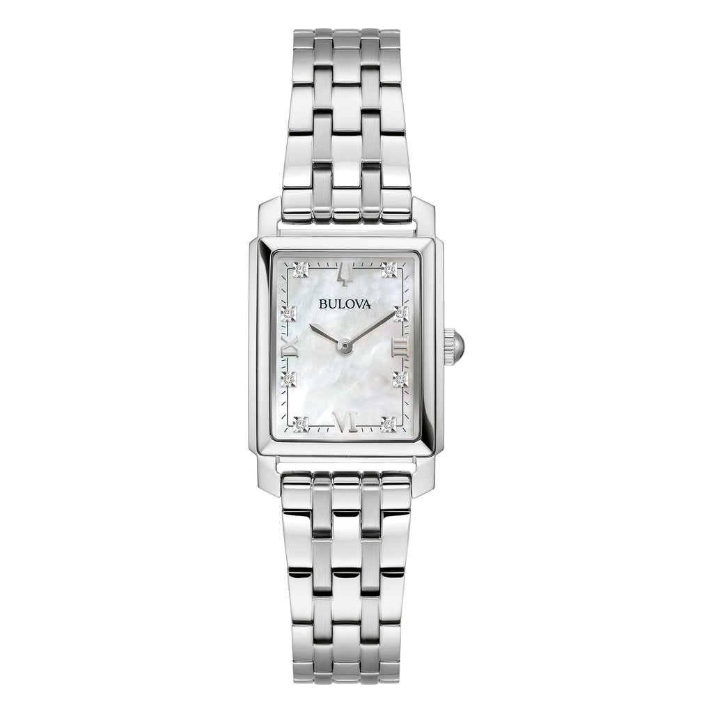 Bulova Sutton Ladies Rectangular Watch Silver MOP Diamond 96P244