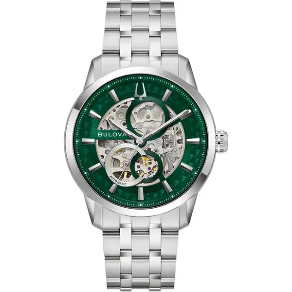 Bulova Sutton Men's Watch Skeleton Silver Green Automatic 96A329