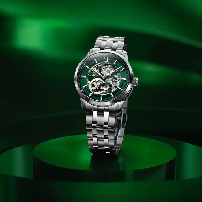 Bulova Sutton Men's Watch Skeleton Silver Green Automatic 96A329