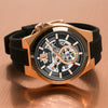 Bulova Maquina Men's Watch Rose Gold Black Skeleton 98A177 Bulova