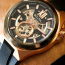 Bulova Maquina Men's Watch Rose Gold Black Skeleton 98A177