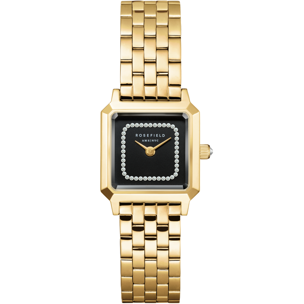 Rosefield Boxelle Black Crystals Frame Ladies Watch Gold BBGSG-B09
