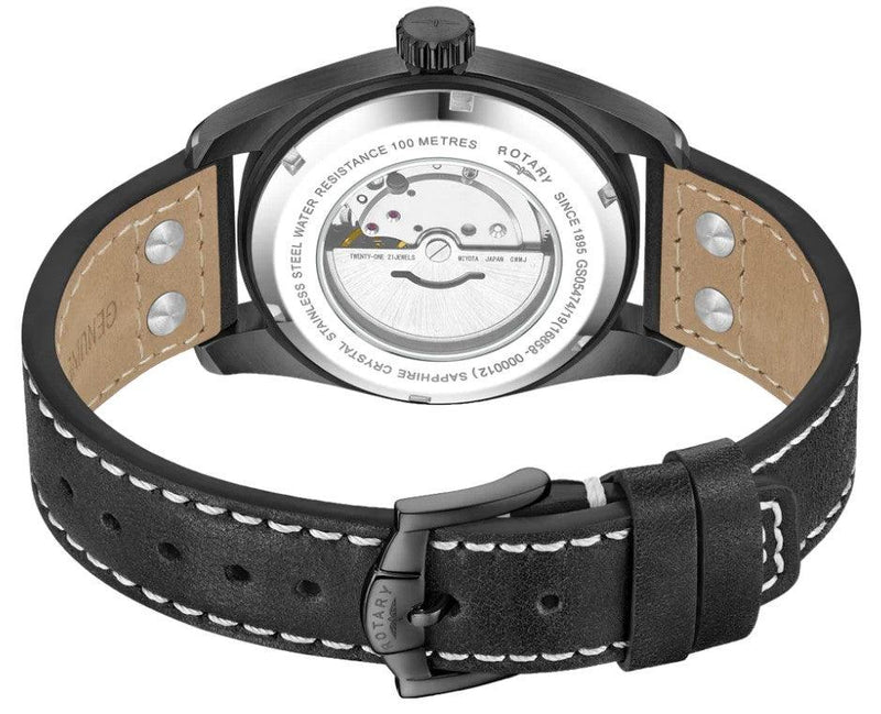 Rotary Commando Pilot Automatic Watch Men's Black Leather GS05474/19 - WatchStatus Ltd