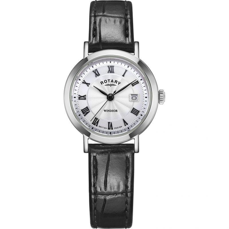 Rotary Windsor Ladies Silver with Black Leather Watch LS05420/01 - WatchStatus Ltd