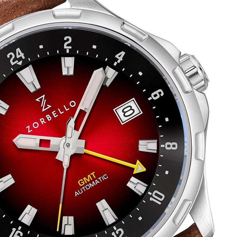 Zorbello G1 GMT Watch Men's Automatic Leather Brown / Red ZBAF003 - WatchStatus Ltd