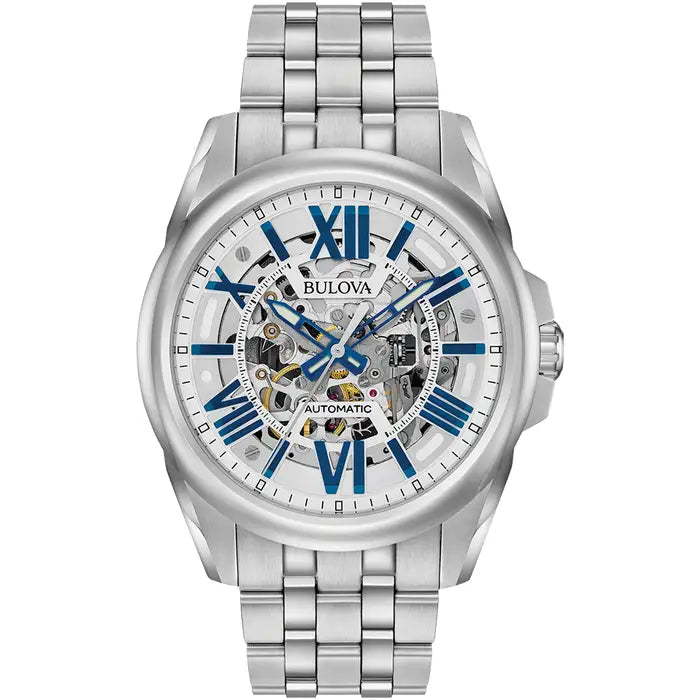 Bulova Classic Sutton Men's Watch Skeleton Silver Blue Automatic 96A187