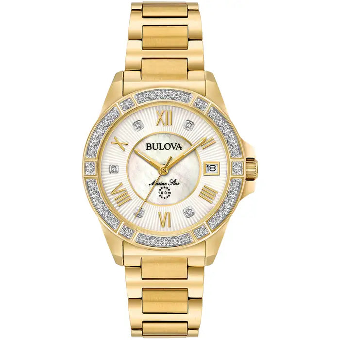 Bulova Marine Star Ladies Watch Gold Diamonds 98R235