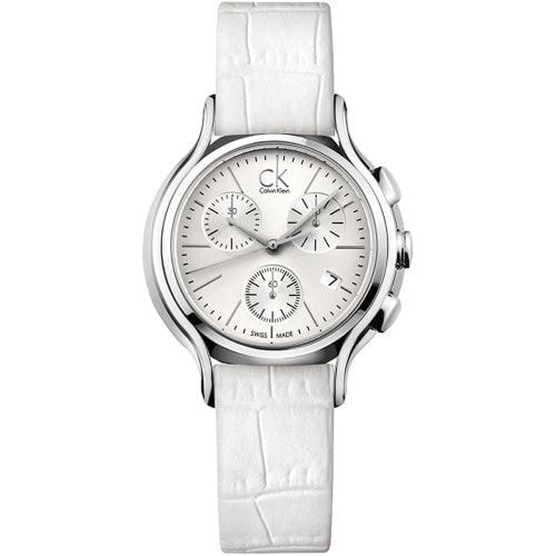 Calvin Klein K2U291L6 Ladies Skirt White Leather Silver Dial Chronograph Swiss Watch - WatchStatus Ltd
