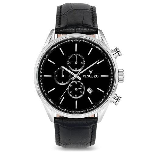 Vincero Chrono S Men’s Black/Silver Leather Chronograph Watch - WATCHES