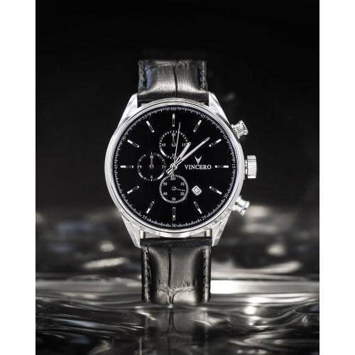 Vincero Chrono S Men’s Black/Silver Leather Chronograph Watch - WATCHES