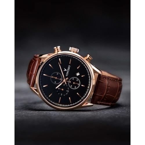 Vincero Chrono S Mens Brown/Rose Gold With Black Dial Leather Chronograph Watch - WATCHES