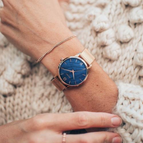 Eros Petite Ladies Rose Gold Mesh Stainless Steel Blue Pearl Dial Watch
