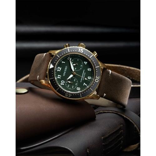 Vincero Outrider Men’s Gold/Green with Brown Italian Leather Divers Chronograph Watch - WATCHES