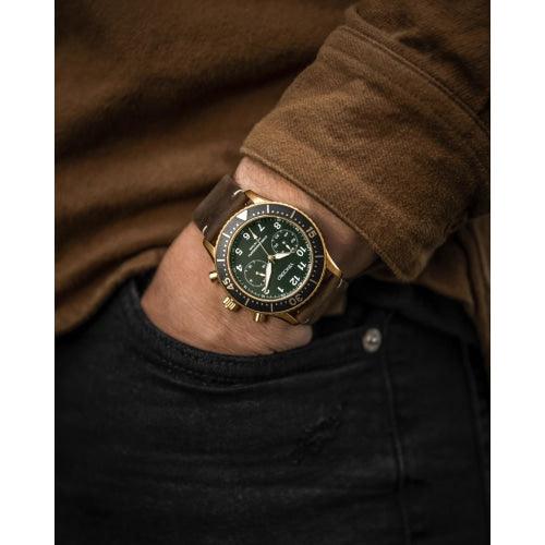 Vincero Outrider Men’s Gold/Green with Brown Italian Leather Divers Chronograph Watch - WATCHES